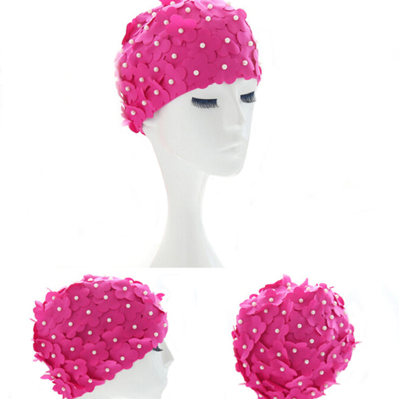 Handmade Pearl Colorful Printed Swimming Caps Free Size Flower Bathing Cap Protect Ears Hair