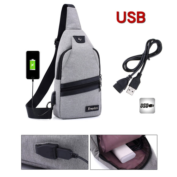 Men USB Port Casual Canvas Sport Outdoor Chest Bag Crossbody Bag with USB Cable