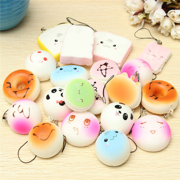 20PCS Random Medium Mini Squishy Soft Panda Bread Cake Buns Phone Straps