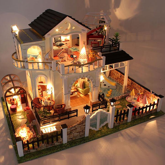 Hoomeda DIY Wood Dollhouse Miniature With LED Furniture Cover Music Happy Together