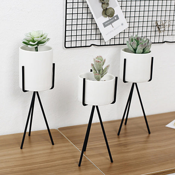 White High Tripod Plant Iron Stand +Ceramic Flower Succulent Pot Display Rack Holder Decor