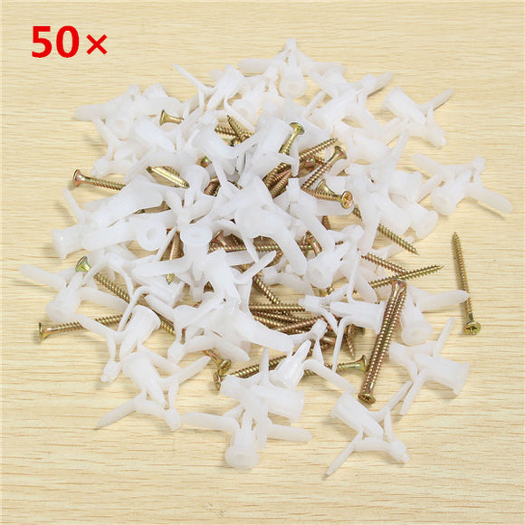 50Pcs Plastic White Expansion Bolt Screw Cavity Wall Fixing Screws
