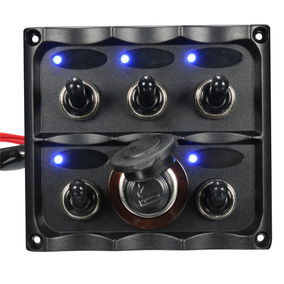 5 Gang LED Toggle Switch Panel Cigarette Lighter Socket Caravan RV Boat Marine