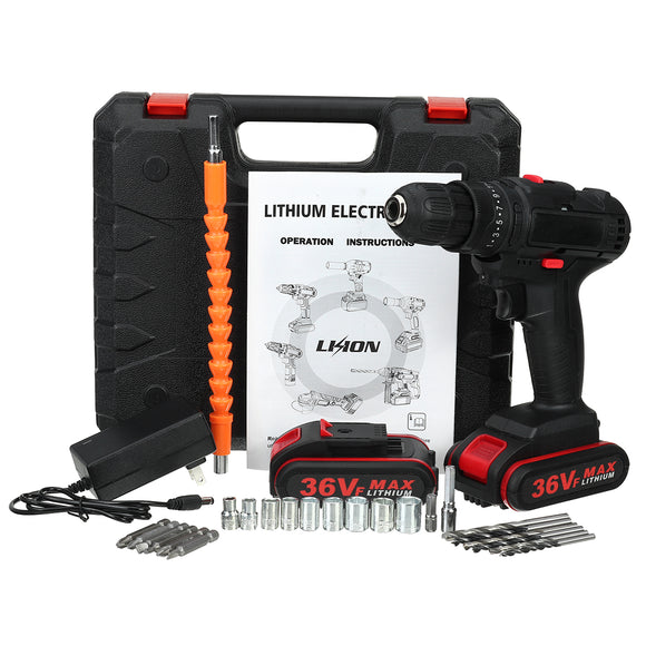 36V Cordless Electric Impact Hammer LED Light Drill Screwdriver With 2 Battery Household Power Tools