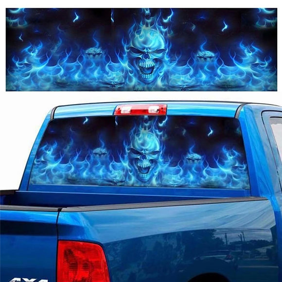 Car Window Sticker Wall Decal Waterproof PVC Blue Flaming Skull Truck Decor