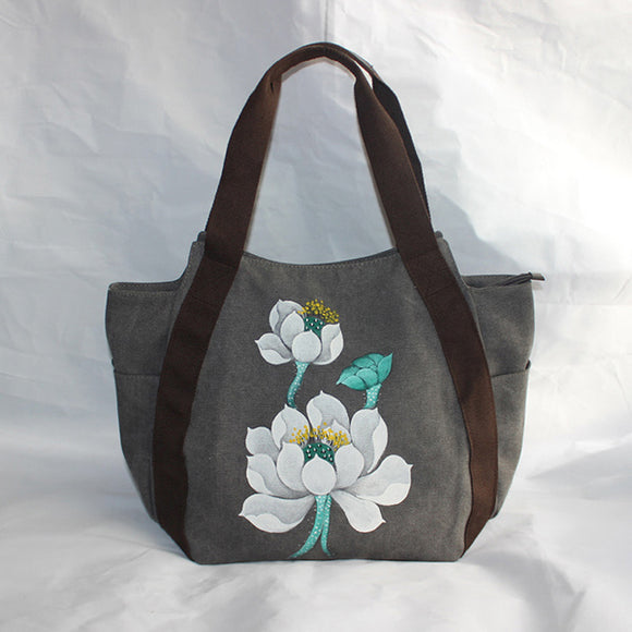 Brenice Women National Hand Painted Floral Tote Handbag Vintage Shoulder Bag