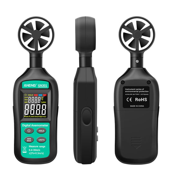 ANENG GN301 Digital Anemometer 0-30m/s Wind Speed Meter -10 ~ 45C Temperature Tester Anemometro with LCD Backlight Display