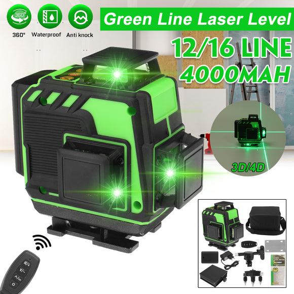 12/16 Line 4D 360 Rotary Green Light Laser Level Self Leveling Cross Measure Tool Set