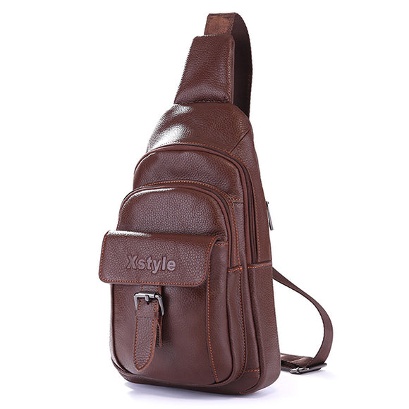 Men Leather Chest Bag Daypack Sling Bag Shoulder Bag for Walking Hiking Cycling
