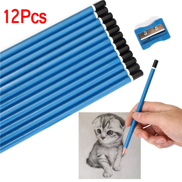 12Pcs Set Blue HB Pencils With Sharpener Student Writting School Stationery