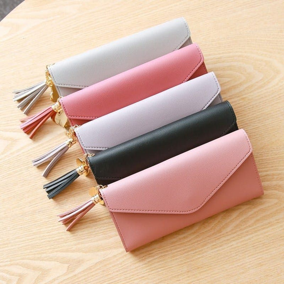 Women Solid Pure Color Long Wallet Tassel Women Purse