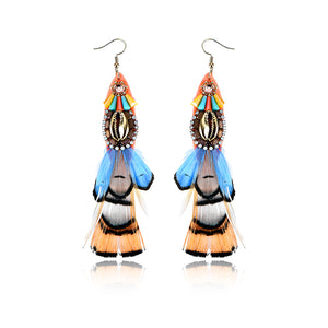 Bohemian 14K Gold Plated Retro Ethnic Feather Pendant Shell Shiny Zircon Earrings for Women