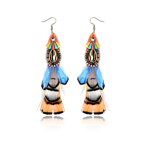 Bohemian 14K Gold Plated Retro Ethnic Feather Pendant Shell Shiny Zircon Earrings for Women