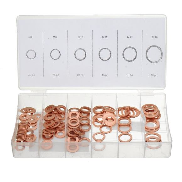 110pcs Copper Washer Assortment Sump Plug Flat Ring Oil Brake Line Solid Crush w/ Case Box