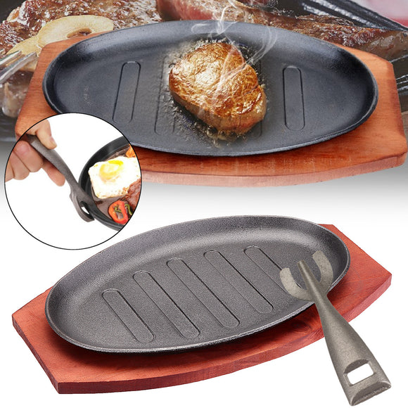 3 Sizes Cast Iron Steak Fajita Sizzling Platter Plate BBQ Grill Pan Cooking Wooden Holder