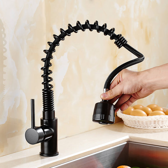 KCASA Kitchen Pull Out Black Finish Flexible Spring Hot and Cold Mixer Taps Deck Mount Swivel Faucet