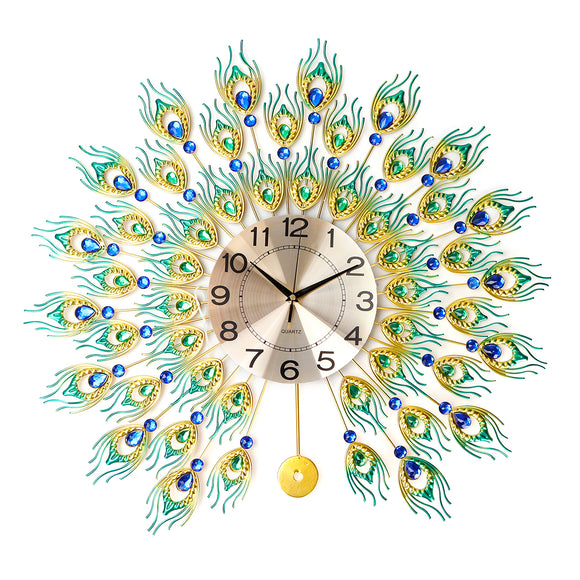 DIY 3D Metal Peacock Wall Clock Crystal Diamond Clocks Watch Ornaments Home Living Room Hotel Decor Crafts Gift Large 70x70cm
