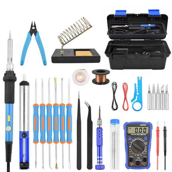 Toolour 60W Electric Soldering Iron Kit EU/US Plug Adjusting Temperature Backlit Digital Multimeter Solder Assist Set Welding Repair Tools