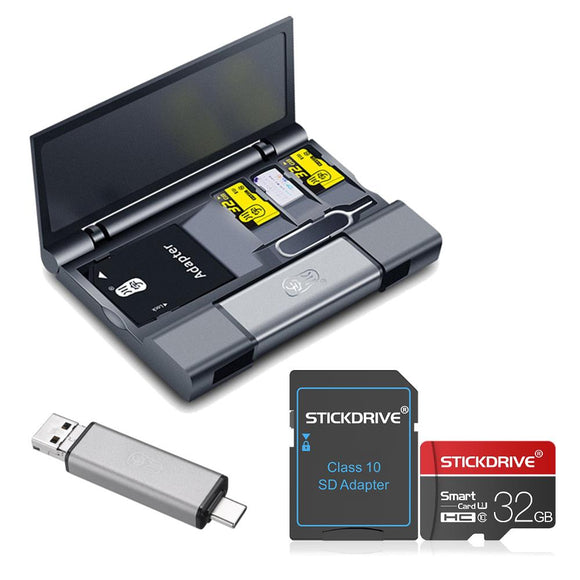 Kawau Large Capacity Card Box + Type-c USB 3.0 Micro USB Card Reader + Eject Pin Key + StickDrive 32GB Memory Card With Card Adapter