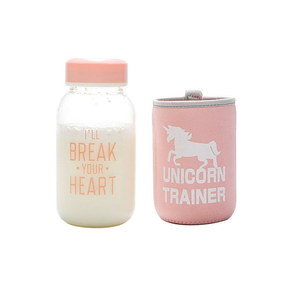 IPRee 600ml Glass Water Bottle Unicorn Pattern  Transparent Drinkware With Cloth Protection Cover