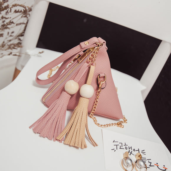 Universal Women Triangle Tassel PU Phone Wallet Hand Bag Cover Case for iPhone Xiaomi Under 5.5 Inch
