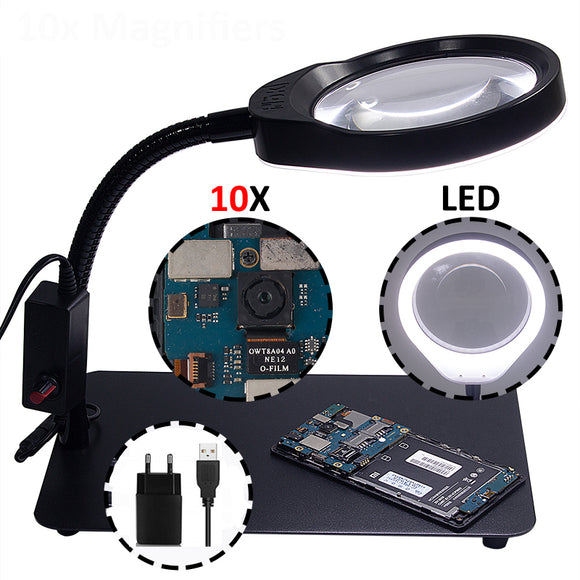 PD-032C 10X USB Magnifier Lamp 48 LEDs with Metal Base Magnifying Glass For Electrics Metal And Plastic Inspection