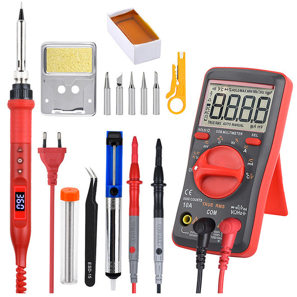 JCD 908U Electric Soldering Iron 100W 220V/110V LCD Lighting Soldeing Station Adjustable Temperature Digital 8000 Counts Auto Range Multimeter Repair Kit with Solder Sucker Holder Wire