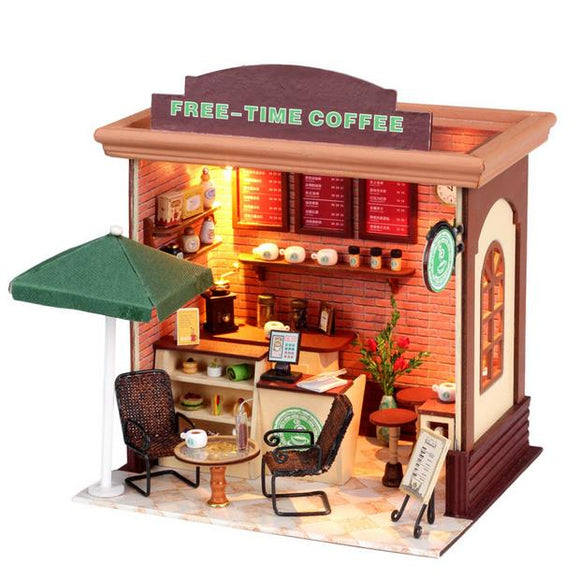 Hoomeda DIY Wood Dollhouse Miniature With LED Furniture Cover Free Time Coffee