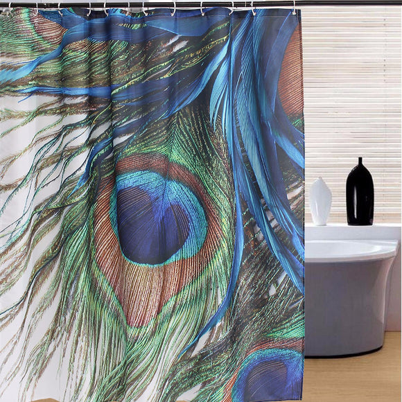 150x180cm Waterproof Peacock Feather Polyester Shower Curtain Bathroom Decor with 12 Hooks