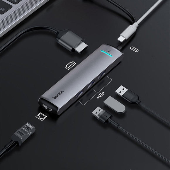 Baseus 6 in 1 USB-C Type-C Hub Adapter with 3 * USB 3.0 Ports/Type-C PD Charging Port/4K HD Display Interface/Gigabit RJ45 Network Port For Type-C Smart Phone Laptop MacBook