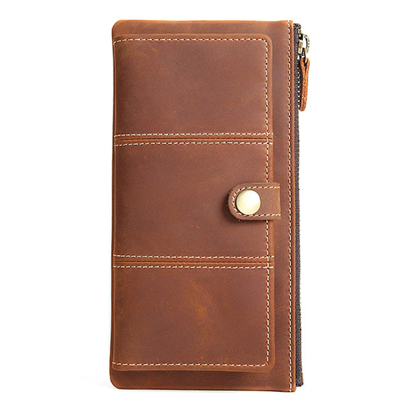 Men Genuine Leather Bifold Wallet Casual Vintage Men Clutch Phone Bag with 10 Card Slots