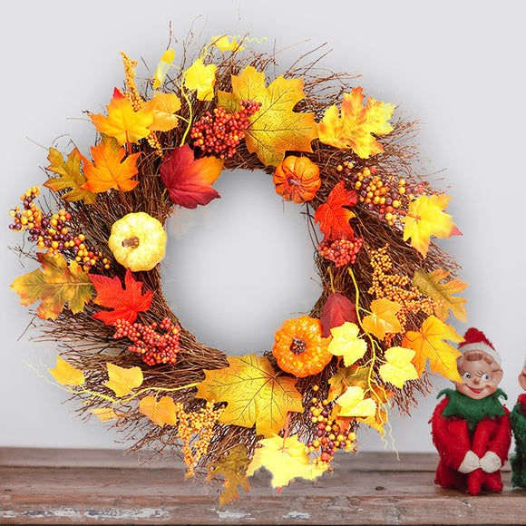 60cm Thanksgiving Wreath Christmas Door Hanging Decorations Maple Leaves Garland