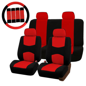 Universal Car Seat Covers Protector Full Set Steel Ring Wheel Cover Belt Pad Red Black