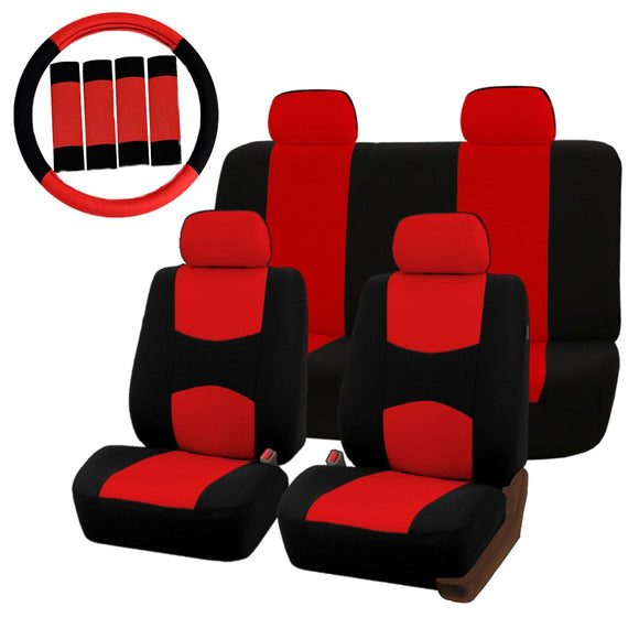 Universal Car Seat Covers Protector Full Set Steel Ring Wheel Cover Belt Pad Red Black