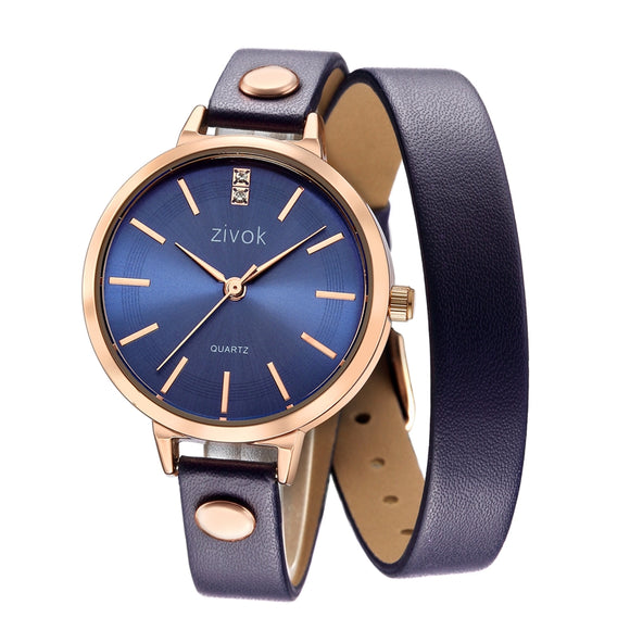 ZIVOK 8031 Rose Gold Case Casual Style Women Watches Leather Strap Quartz Bracelet Watch