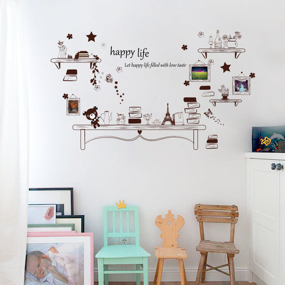 Cartoon Desk Photo Frame Kids Bedroom Wall Sticker Bear And Stars DIY Quote Happy Life Art Decal