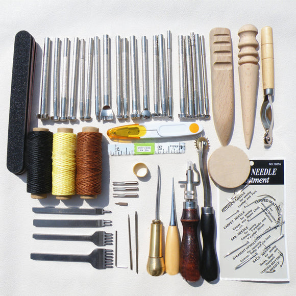 59Pcs DIY Leather Tools Kit Hand Stitching Sewing Punch Carving Stamp Craft Set