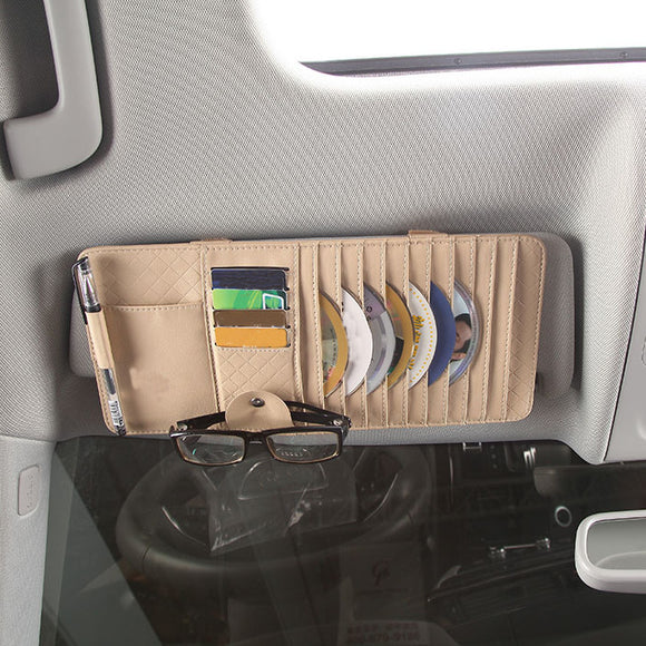 Multi-function PU Leather Car CD Clip Card Bag Phone Sun Glassess Pen Holder