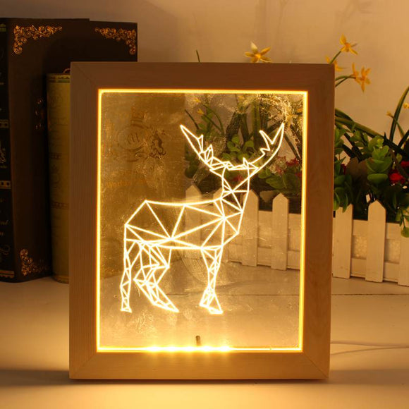 KCASA FL-722 3D Photo Frame LED Night Light Wooden Elk Decorative Christmas Gifts USB Lamp