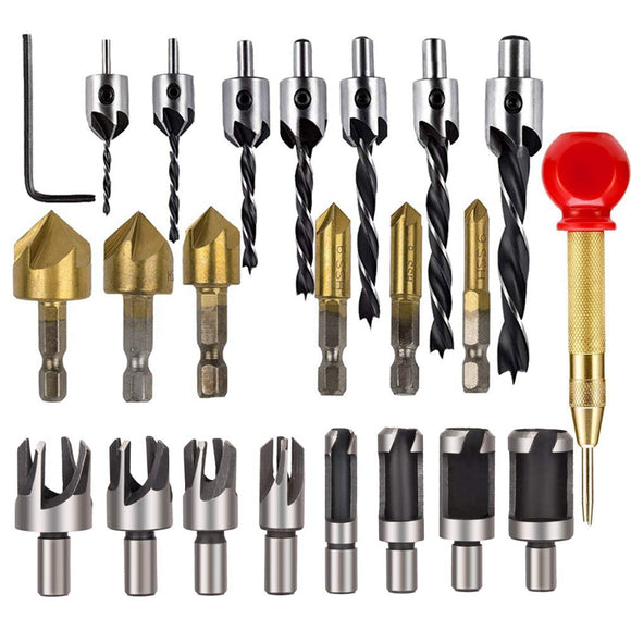 Drillpro 23Pcs Woodworking Chamfer Countersink Drill Bit 6pcs 1/4 Inch Hex 5 Flute 90 Degree Countersink Drill Bits 7Pcs 3 Pointed Countersink Drill 8Pcs Wood Plug Cutter Automatic Center Pin Punch