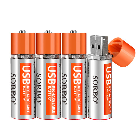 4PCS SORBO 1.5V 1200mAh USB Rechargeable 1 Hour Quick Charging AA Li-po Battery