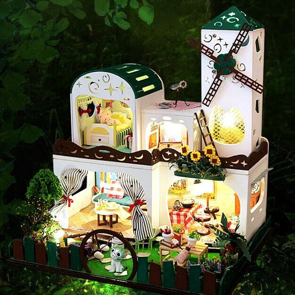 Hoomeda DIY Wood Dollhouse Miniature With LED Furniture Cover Garden Dream