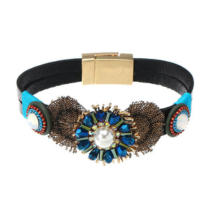 Bohemian Bracelet Gold Plated Flower Charm Leather Bangle Boho Jewelry for Women Girl Gift