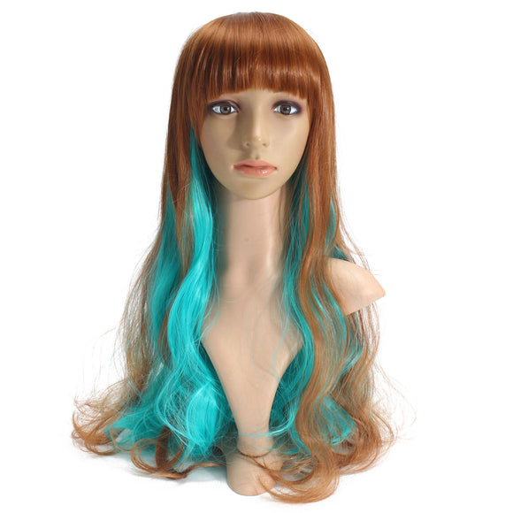 65cm Blue Brown Mixed Color Women Long Curly Wavy Wigs Cosplay Party Full Bang
