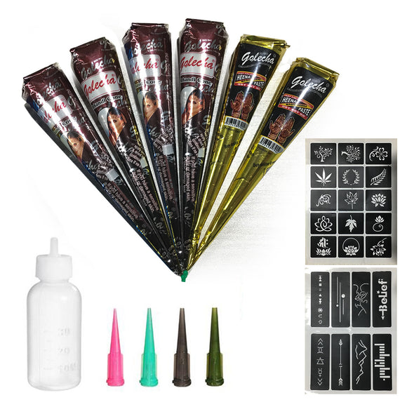 6Pcs Black Brown Henna Tattoo Cream Set Temporary Tattoo Art Ink Stick Stencils with Plastic Nozzle