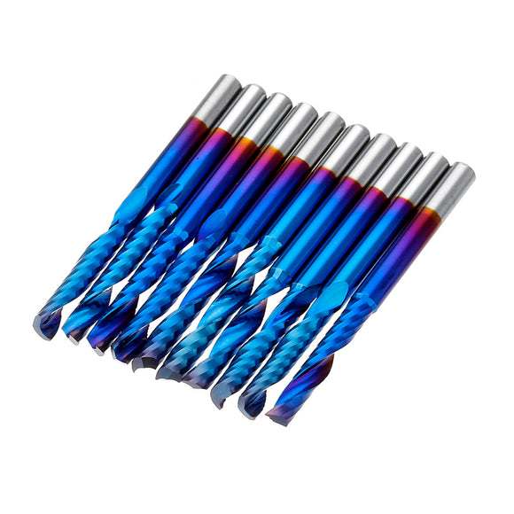 Drillpro 10pcs 3.175 Shank Blue Coated Single Flute End Mill Tungsten Carbide Spiral CNC Milling Cutter 2/2.5/3.175mm