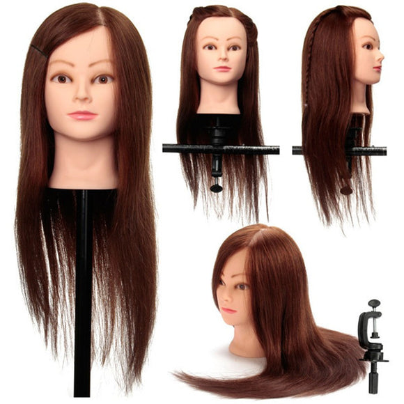 Coffee 100% Real Human Hair Training Head Cutting Practice Mannequin Clamp Holder Hairdressing