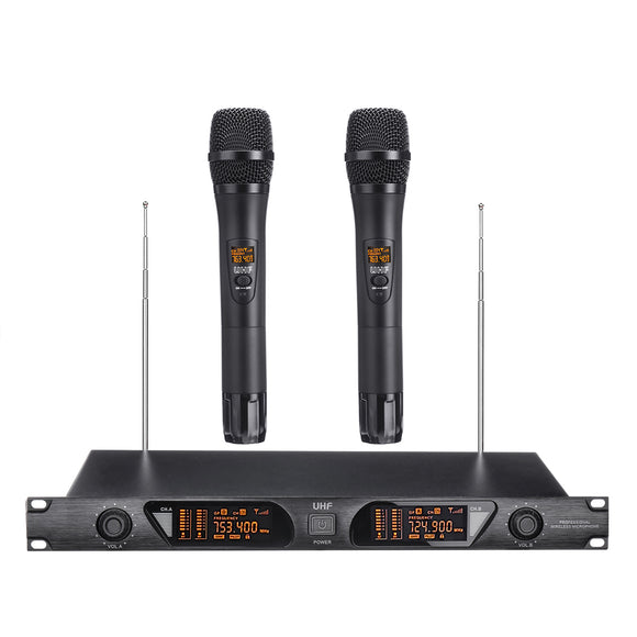 UHF Wireless Microphone System W/LCD Display with 2 Handheld Mic for Party Karaoke DJ KTV