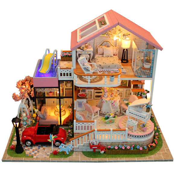 DIY Wooden Miniatures Pink Villa Dollhouse Furniture LED Kit Child Toys Gift