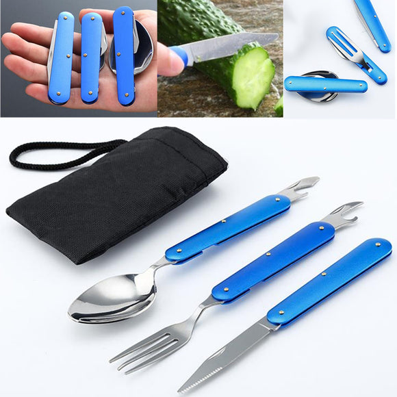 3Pcs Stainless Steel Outdoor Portable Mini Tableware Set Folding Spoon Travel Camping Picnic Tools